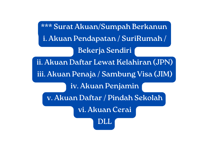 Surat Akuan Sumpah Berkanun i Akuan Pendapatan SuriRumah Bekerja Sendiri ii Akuan Daftar Lewat Kelahiran JPN iii Akuan Penaja Sambung Visa JIM iv Akuan Penjamin v Akuan Daftar Pindah Sekolah vi Akuan Cerai DLL